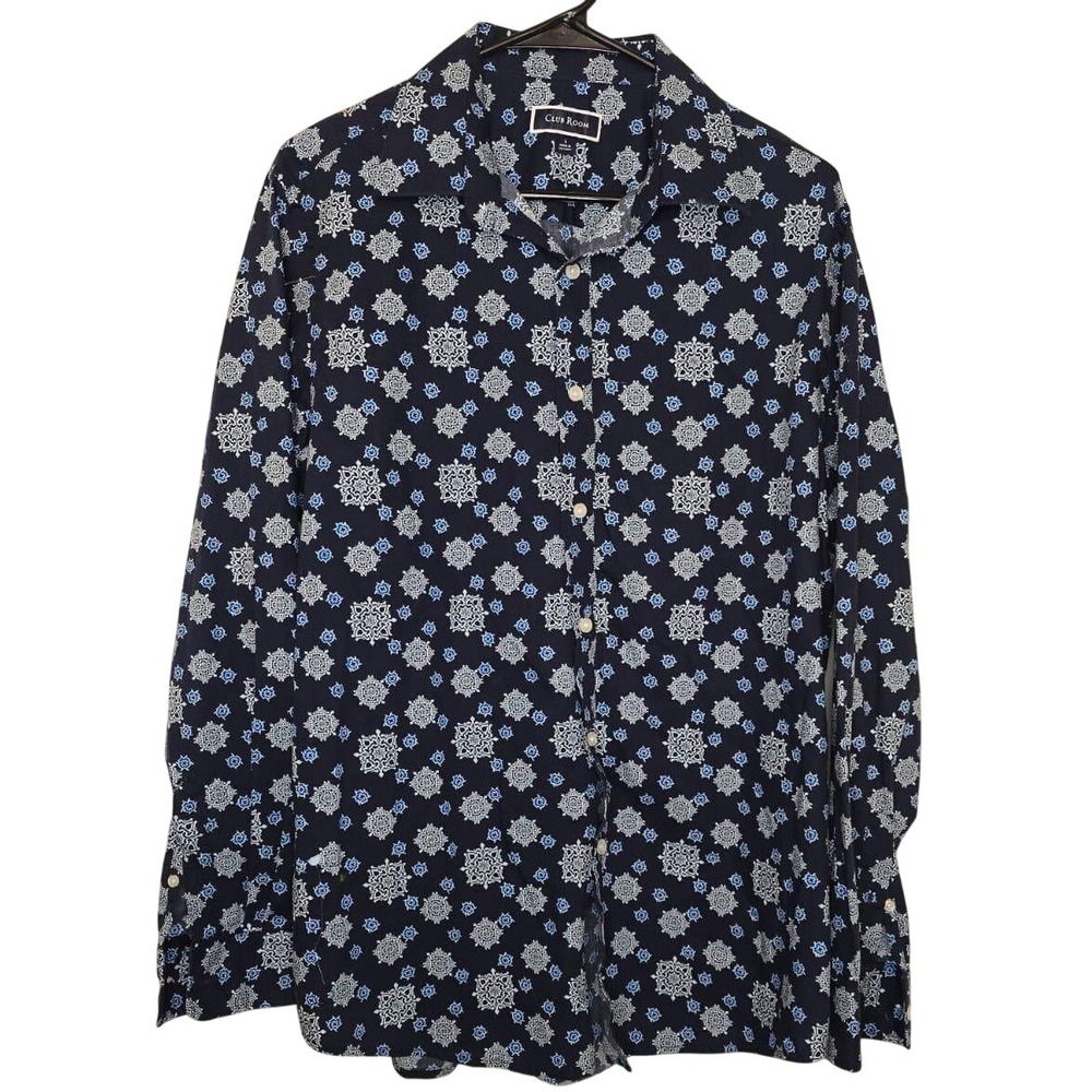 Club Room Mens Large Navy Blue Geometric Medallion Print Long Sleeve Button Down